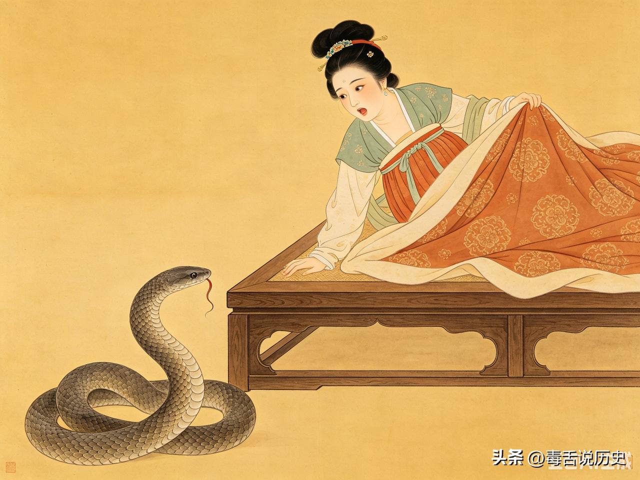 唐朝有个寡妇梁氏某天起床，掀开被子——一条灰褐色的蛇盘在床角，缓缓吐着信子……