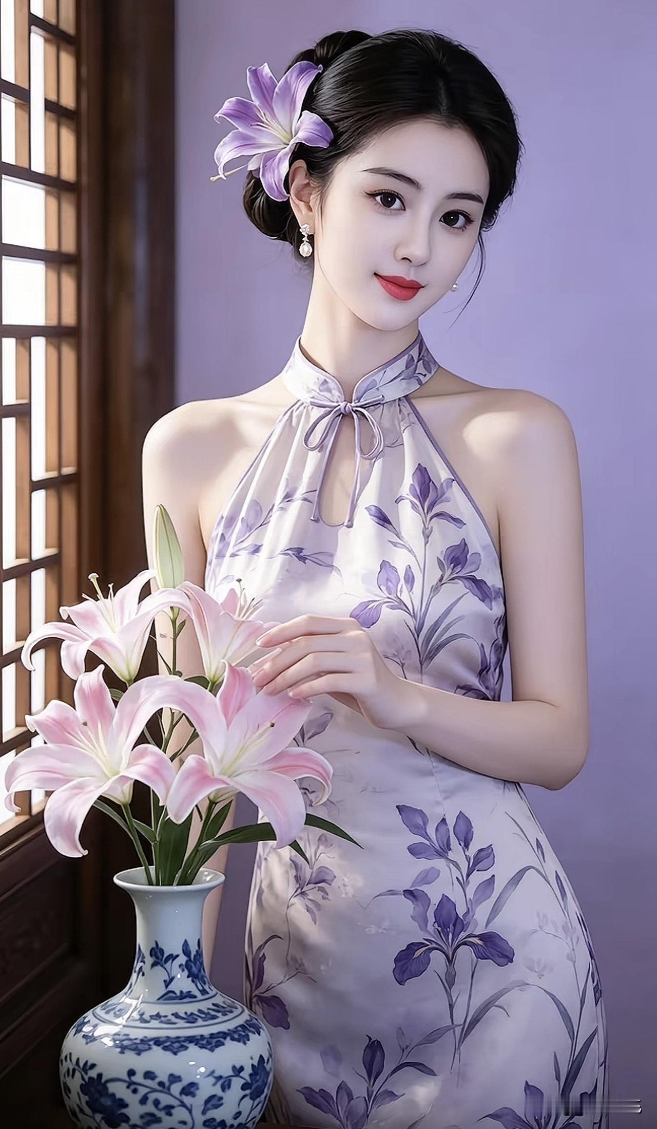 花间美人，玉簪轻挽。绿裙花间 玉簪写真 蓝白玉簪 玉簪写真 蓝白玉簪 蓝花玉簪 