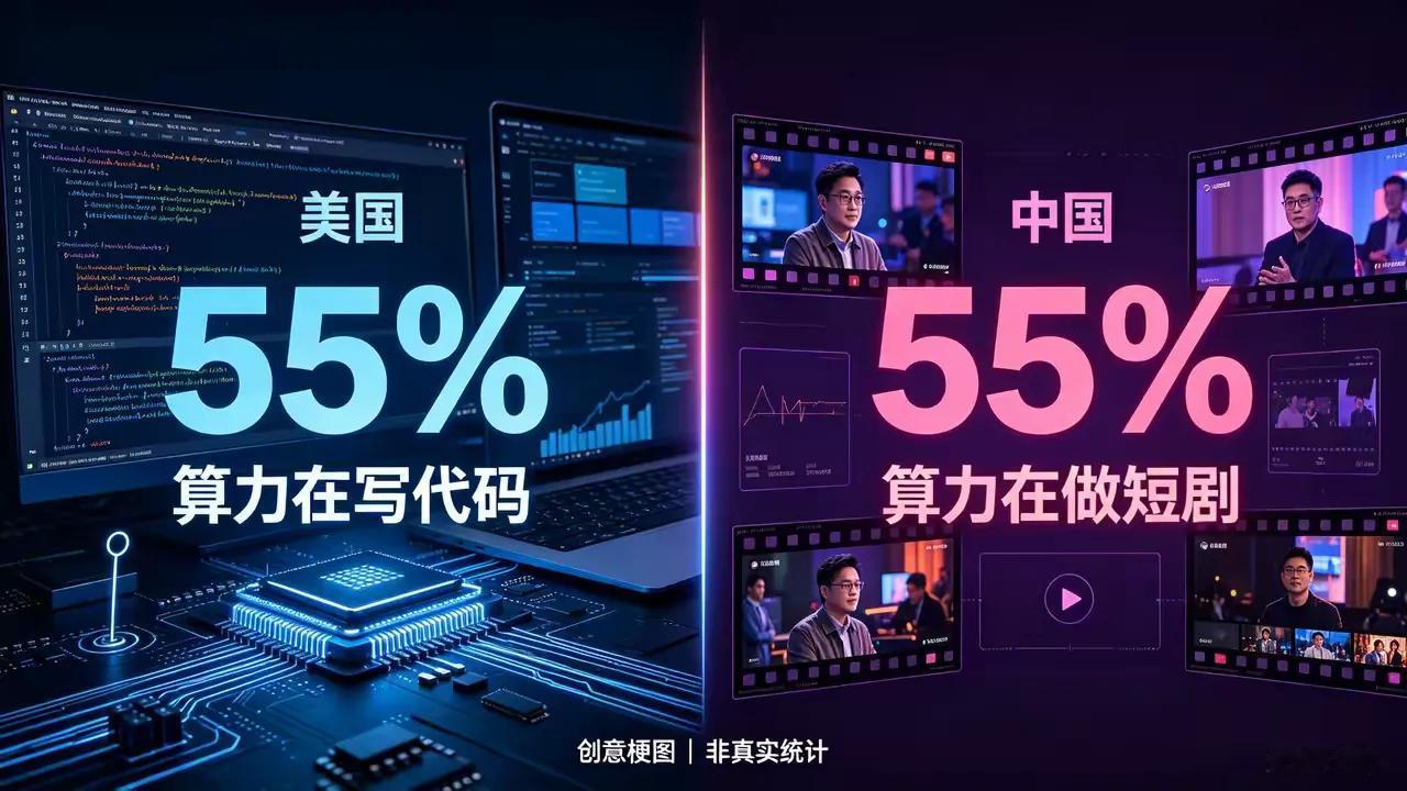美国55%的算力用于写代码，中国55%的算力用于做短剧。
中美是全世界人工智能最