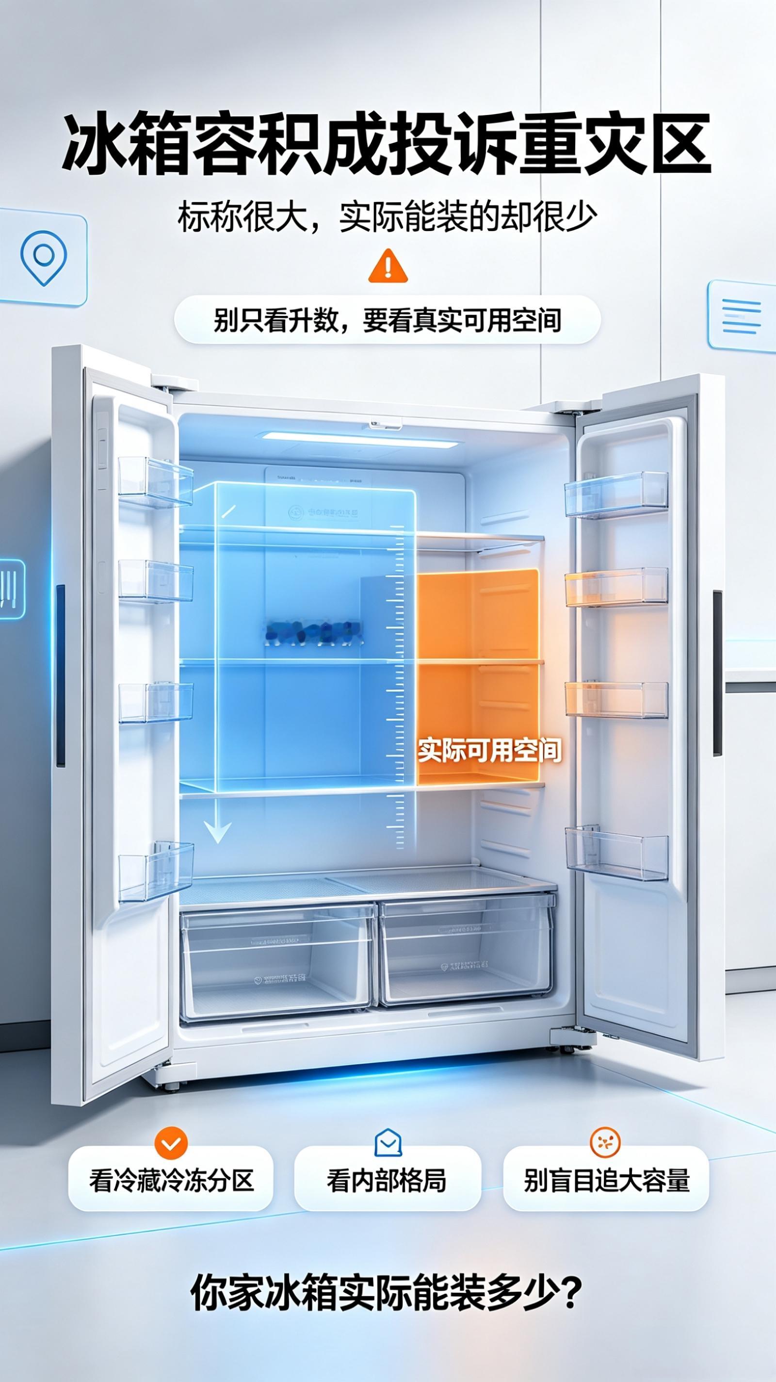 冰箱容积成投诉重灾区买冰箱大家最先关注的参数，往往就是容积，但最近不少消费者踩了