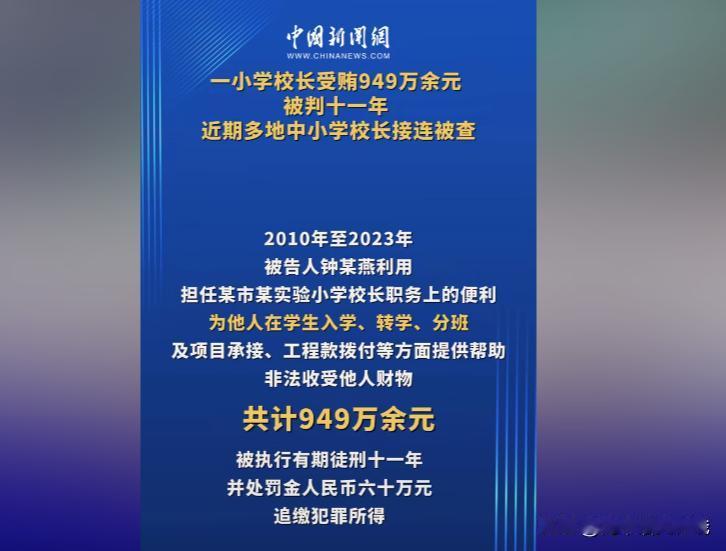 震惊！一小学校长受贿949万元！

据中国新闻网消息，今日，最高人民法院发布一起