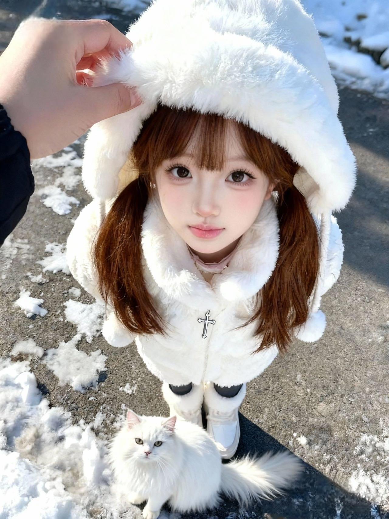 宝子们！今天直接把“雪地里的糯米团子”穿身上了！这白绒绒外套一裹，连路过的修勾都