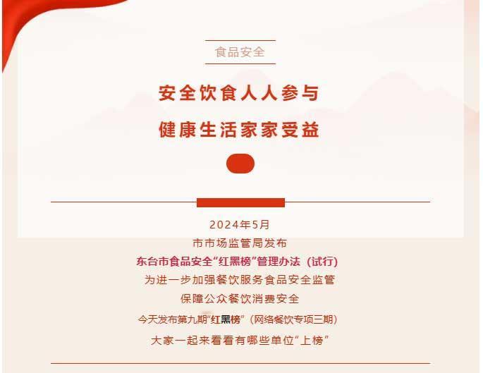 盐城东台最新餐饮“红黑榜”公布，有你常点的吗？
红榜共有4家网络餐饮门店上榜：东