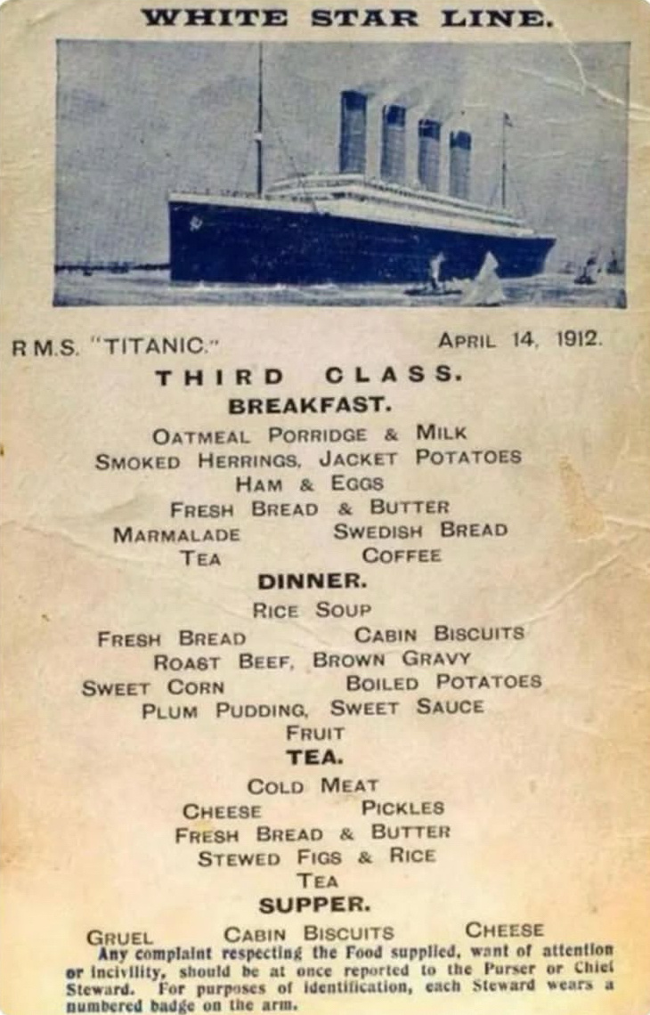 【来自投稿】1912年 泰坦尼克号三等舱餐单 