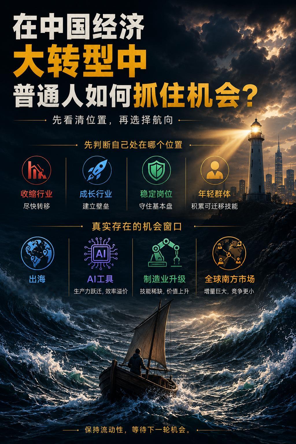 在目前这场中国经济大转型的惊涛骇浪中，普通人如何抓住机会？Claude对此解答：