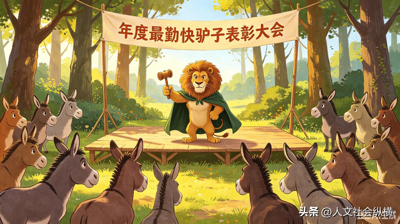 一则童话故事：一头狮子，组织驴子们开表彰大会，嘉奖那只最勤快的驴，赏赐了一根胡萝