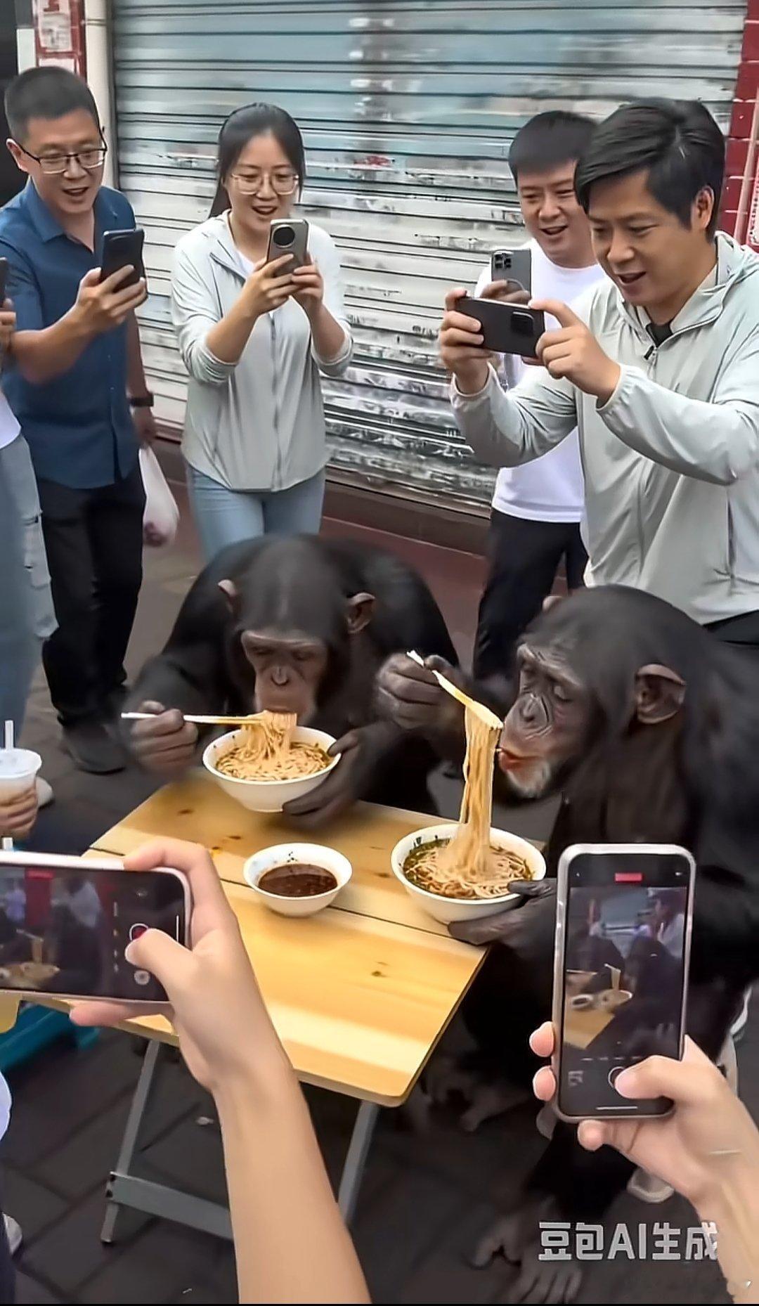 AI作图，人们围观猩猩吃面，不知什么意思 