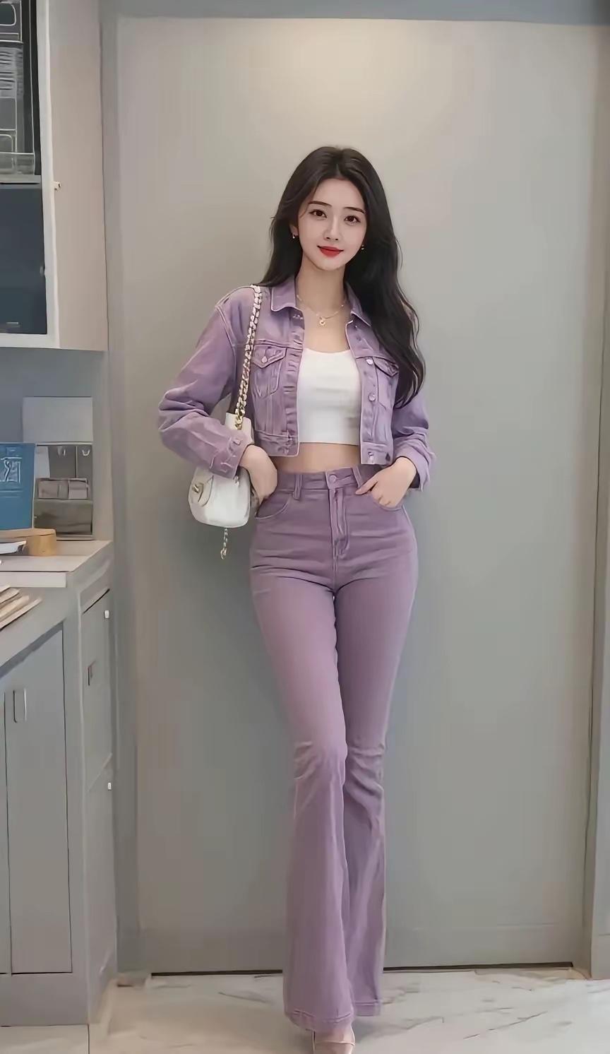 紫色牛仔套装，清新又时尚！💜👗👖