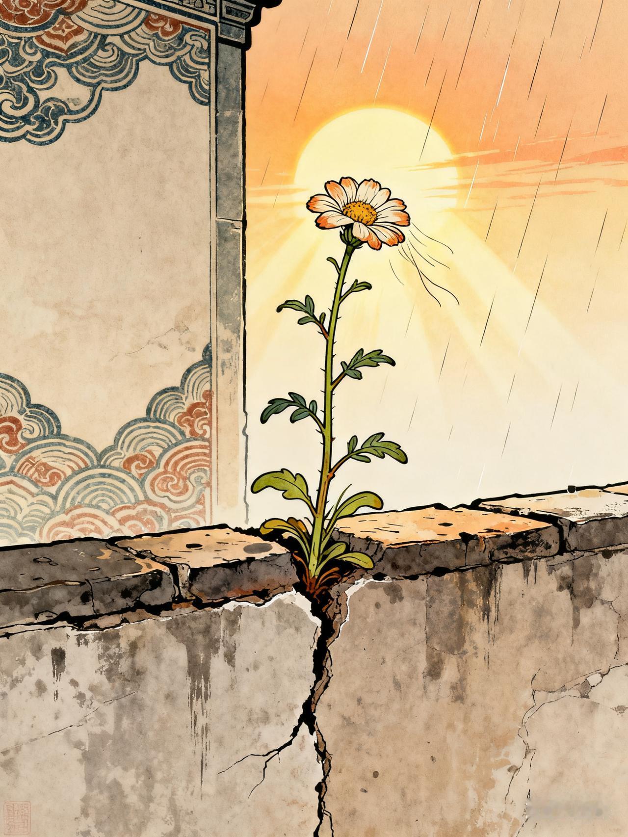 墙角夹缝一小花，风吹雨打枝挺拔，
不与群芳争艳丽，独守清欢自芳华，
寒来暑往坚心