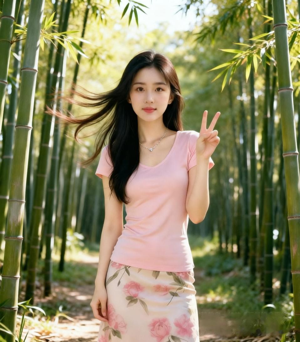 七绝～～～
翠竹摇风影自斜，
娇娇少女笑如花。
指尖轻比双飞翼，
美妙年华映彩霞