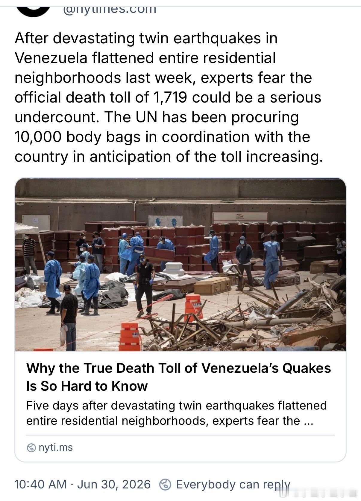 上周委内瑞拉的双地震夷平一个住宅区。专家评估官方死亡人数1719是严重低估。联合
