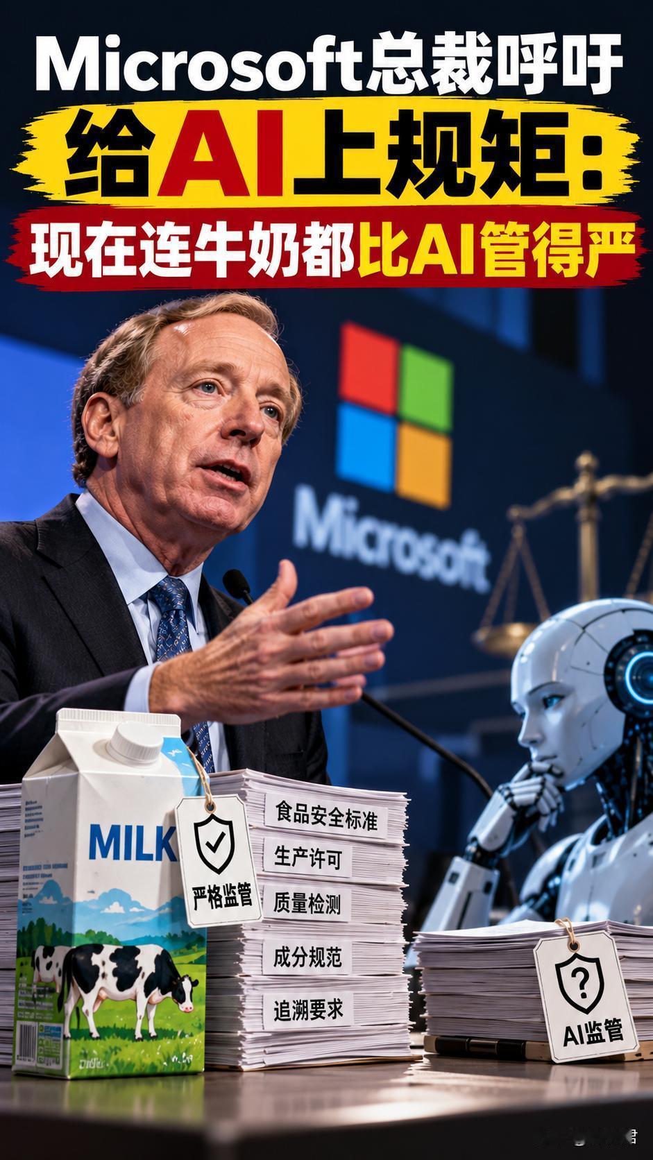 Microsoft总裁呼吁给AI上规矩：现在连牛奶都比AI管得严

Micros