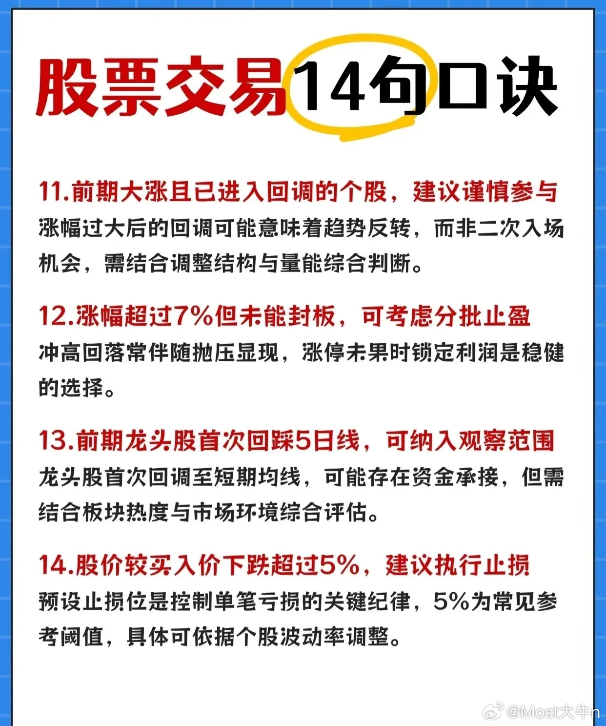 股票交易14句口诀一、基础均线操作原则1. 站稳5日均线，可考虑继续持有5日均线