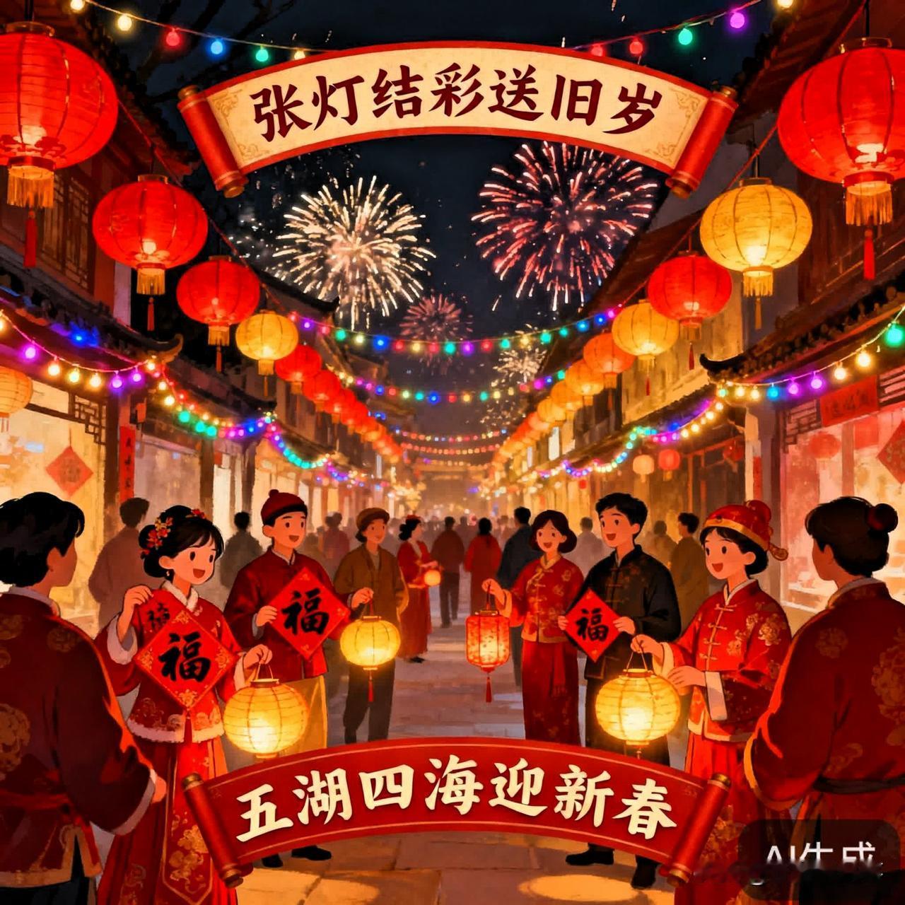 辞旧迎新的仪式感， “张灯结彩”描绘出家家户户挂灯笼、贴彩饰的热闹场景，代表用隆