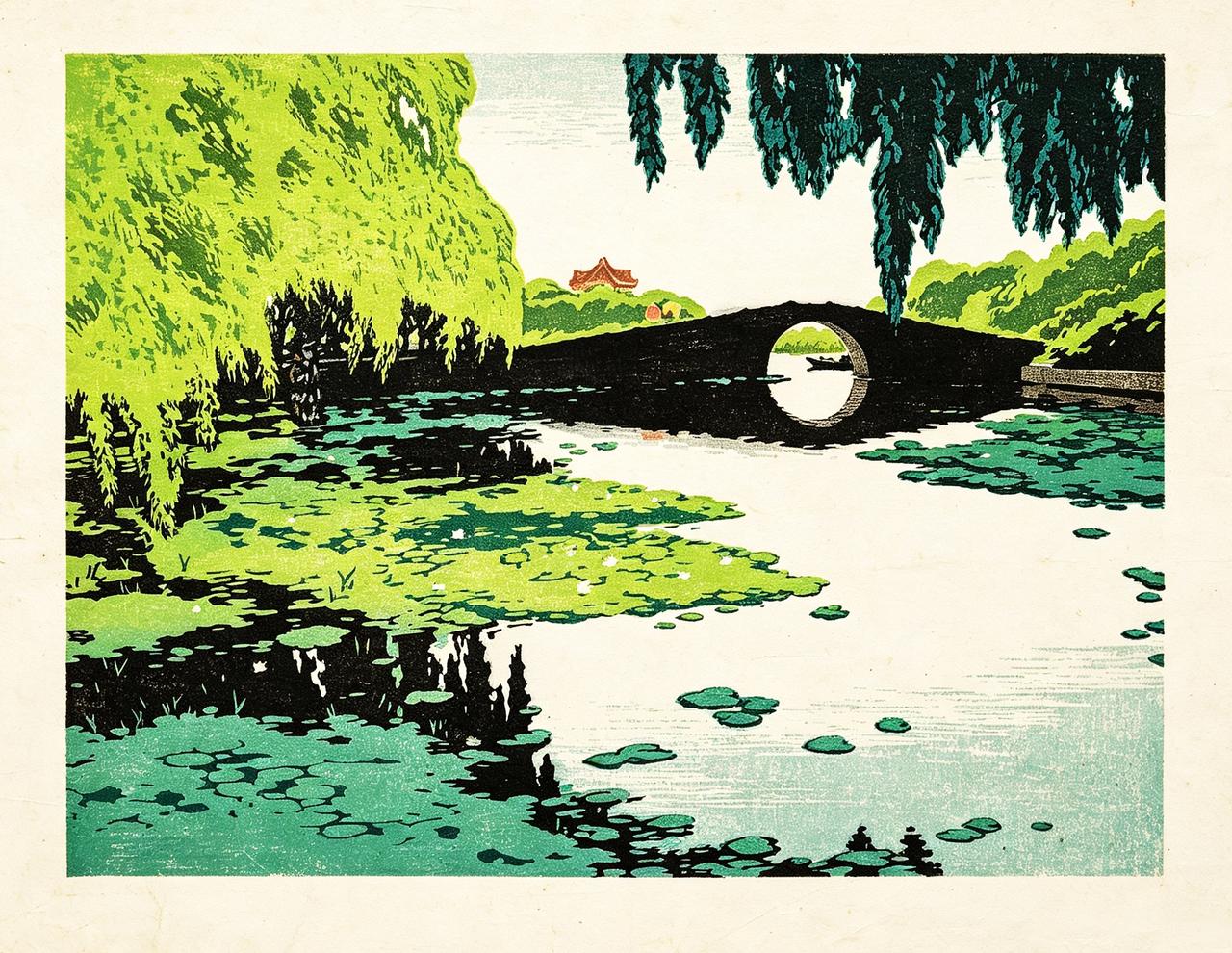木刻留夏，当陆放版画遇见西泠桥畔一池清荷

陆放毕生以木刻描摹西湖，《西泠仲夏》
