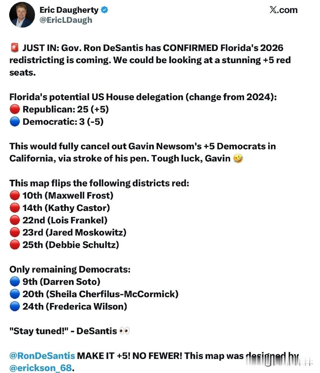 突发：州长 Ron DeSantis 已确认，佛罗里达州将在2026年重新划分选