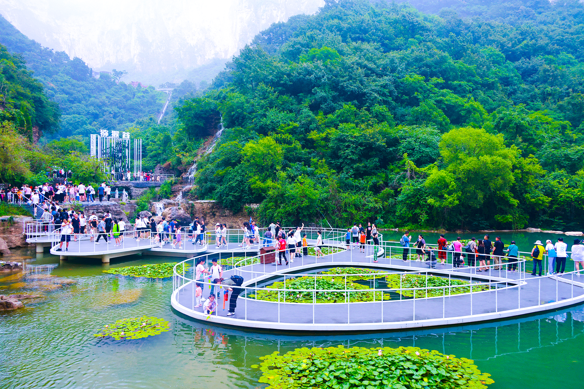 云台山的夏天是满山的青翠、是崖壁的艳丽、是溪潭的碧绿[下雨]、是林木间中荡漾的自
