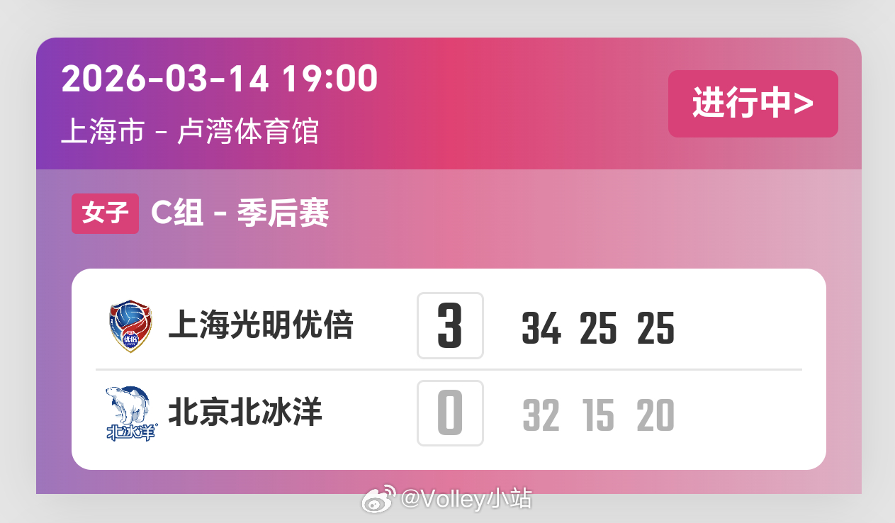2025-2026赛季中国女子排球超级联赛季后赛第6轮，上海女排3比0北京女排（