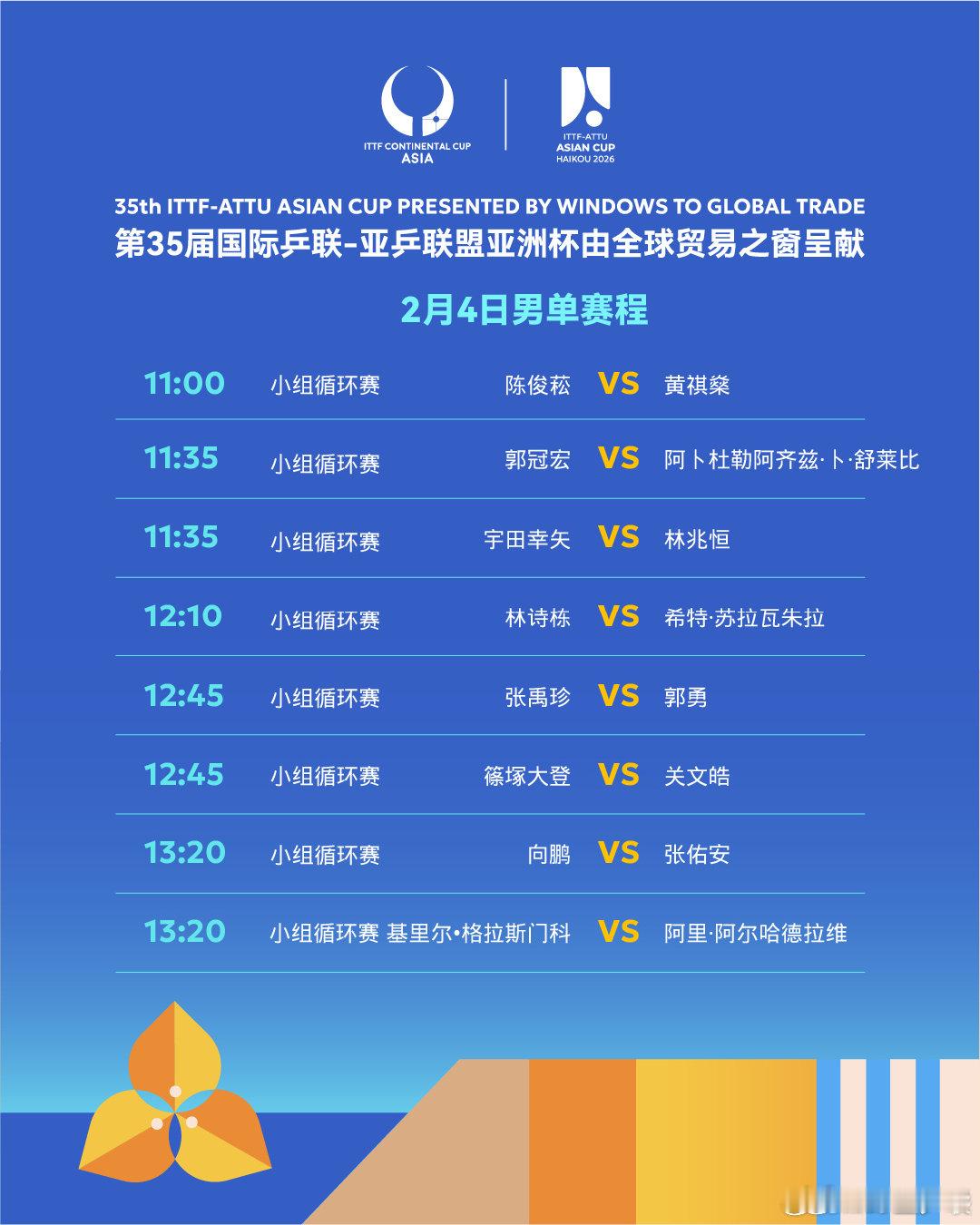 海口亚洲杯2月4日赛程 海口亚洲杯2月4日国乒赛程：11:00 T1 孙颖莎VS