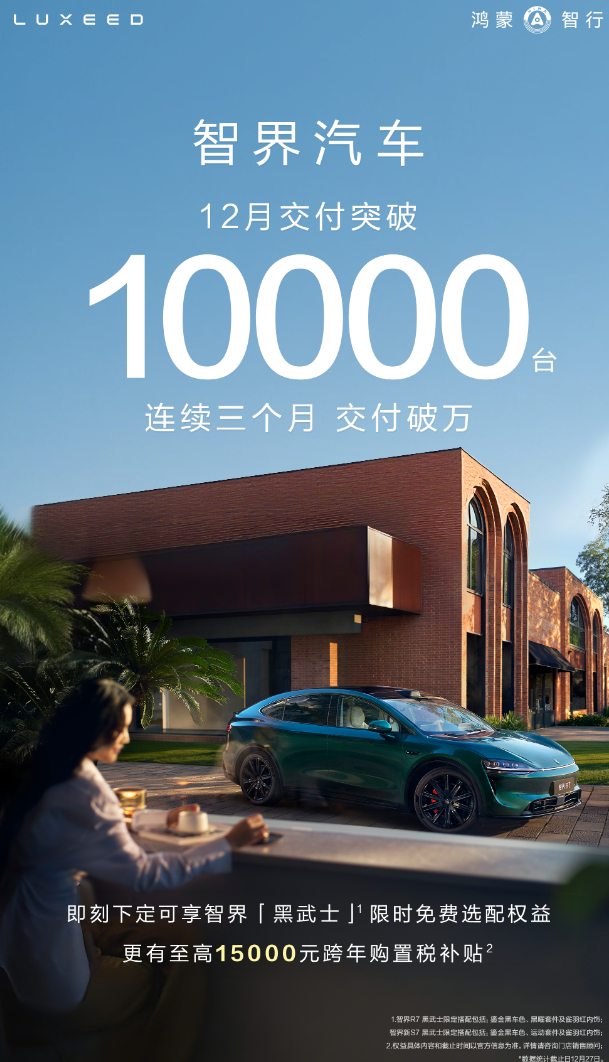 车若初见 12月还没过完，智界就发销量了，12月交付破1万台，已经连续3个月交付