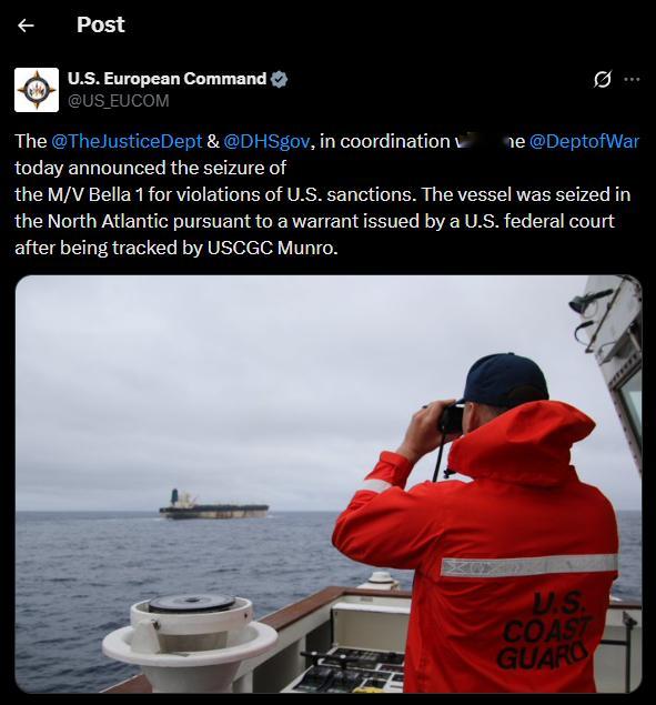 🔻欧洲美军司令部官宣，在北大西洋，特种部队登上并控制了悬挂俄罗斯国旗的油轮。 