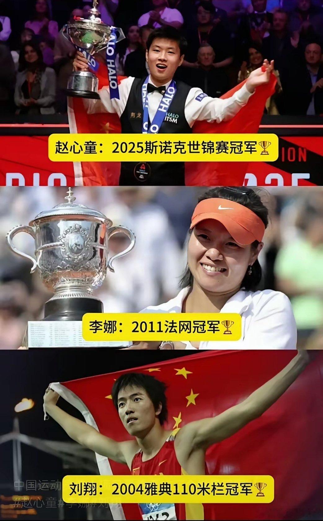 2000年后，中国运动员单人项目最重要的三个世界冠军，按时间顺序是：刘翔，李娜，