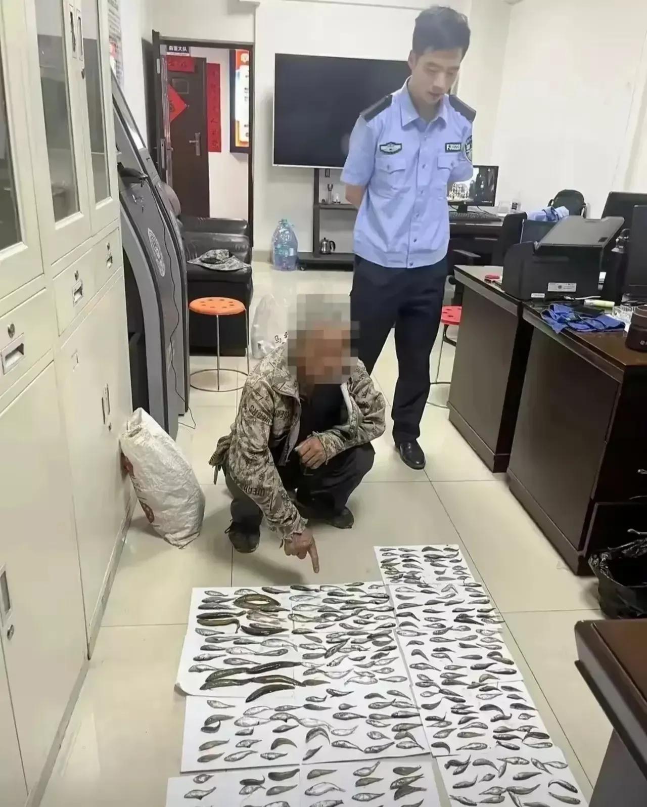 面对200余尾大大大小小的鱼，老汉蹲在地上，供认不讳，承认自己有罪，破坏大自然生