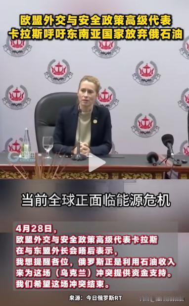 当地时间 2026 年 4 月 28 日，卡拉斯在文莱与东盟各国外长会晤后，面向