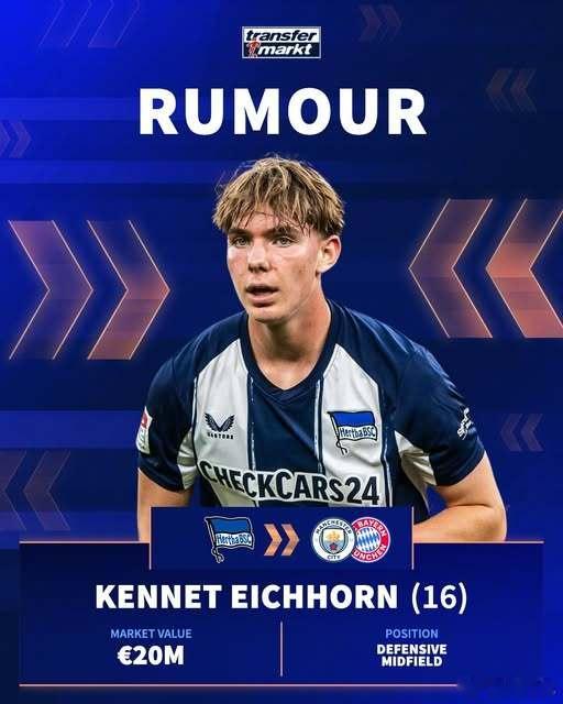 【足球经理26里潜力高达-9】罗马诺：曼城加入柏林赫塔中场艾希霍恩的争夺战，这名