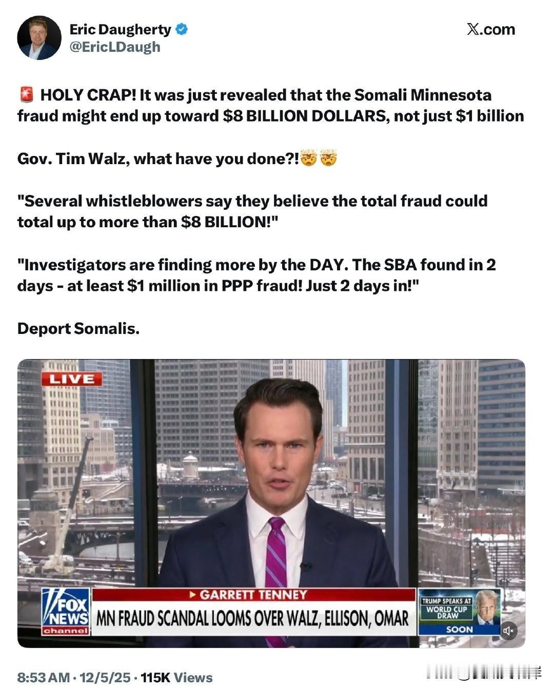 天啊！刚刚曝出，明尼苏达州的索马里诈骗案总额可能高达 80 亿美元，而不仅仅是 