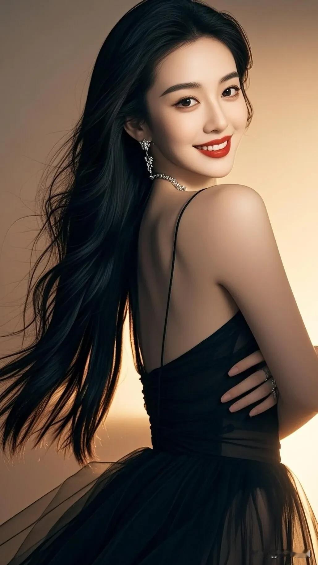黑纱裙裹着鎏金的光，细肩带坠着钻链的柔，发梢轻扬的笑里漫着明艳。
气质吊带黑裙 