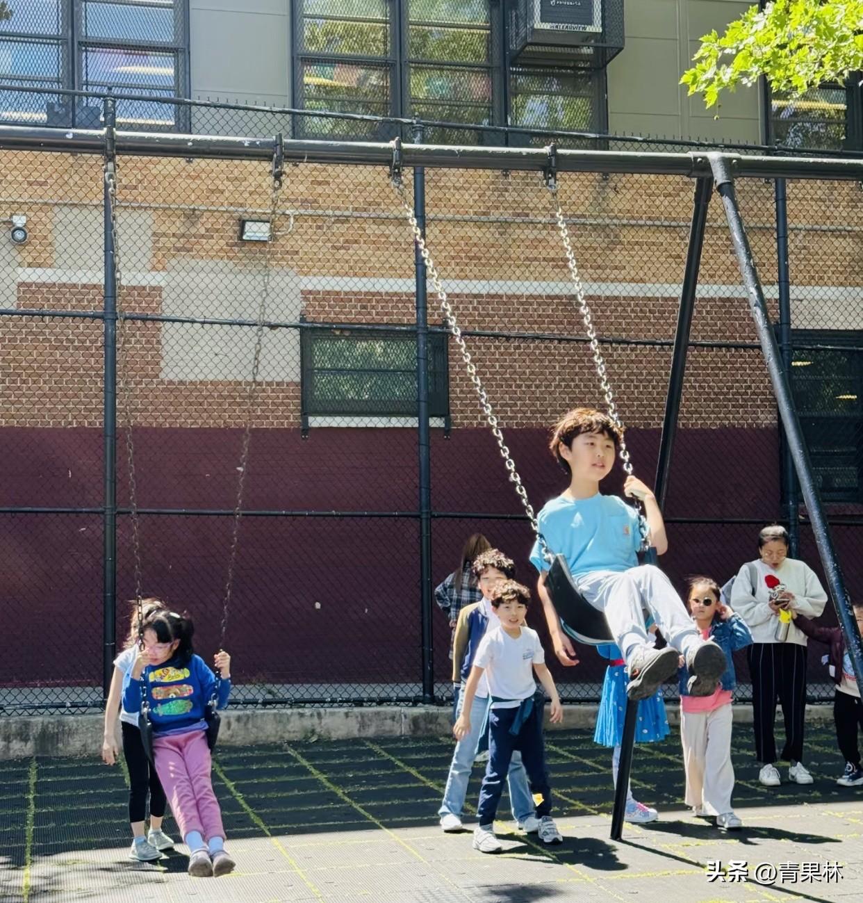 孩子们排着队准备在树枝上荡秋千今天天气不错，路过小学门口看到孩子们在阳光下荡秋千