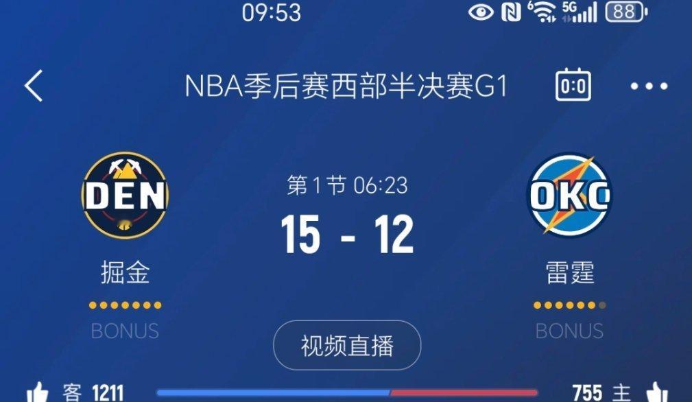 进入暂停，掘金领先3分！掘金vs雷霆 ​​​