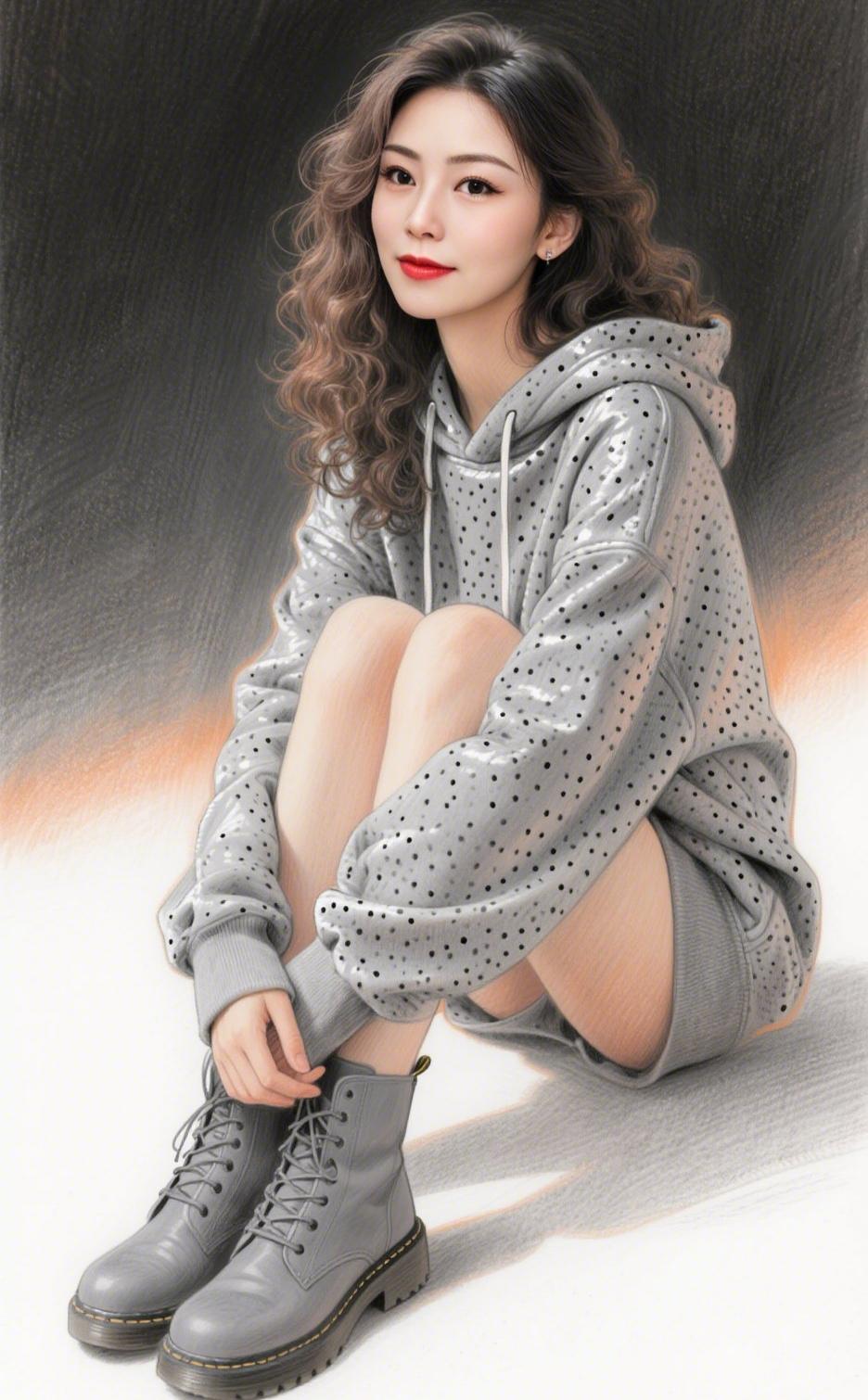 上联：素手轻拢，眸底波光凝笑意
下联：卷发蓬松，画中风韵透丹青