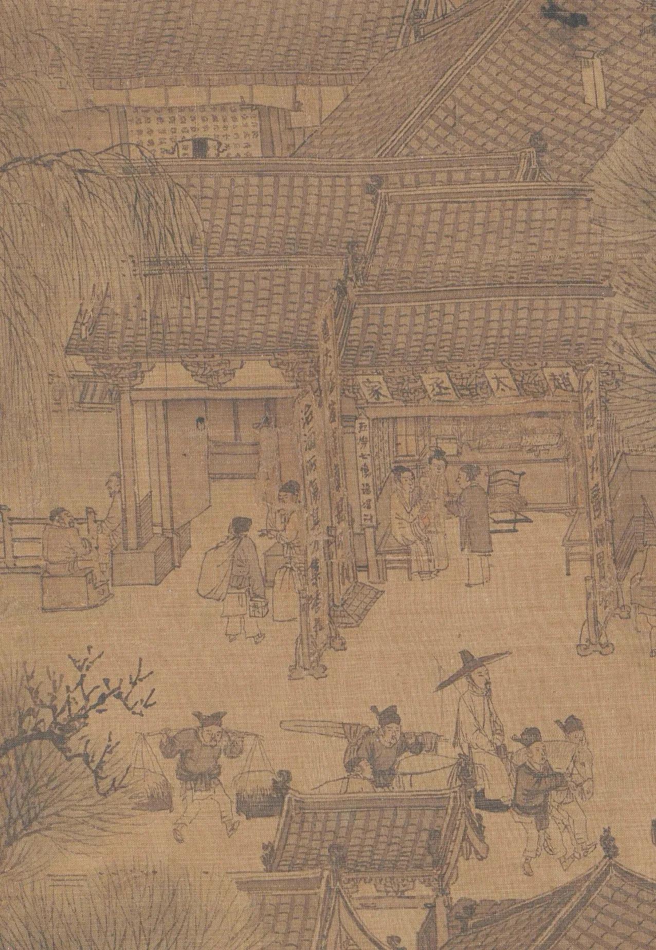 路人手提礼物，背着包袱，风尘仆仆；门边上马石上坐一人，伸手比划，给他指示方向。这