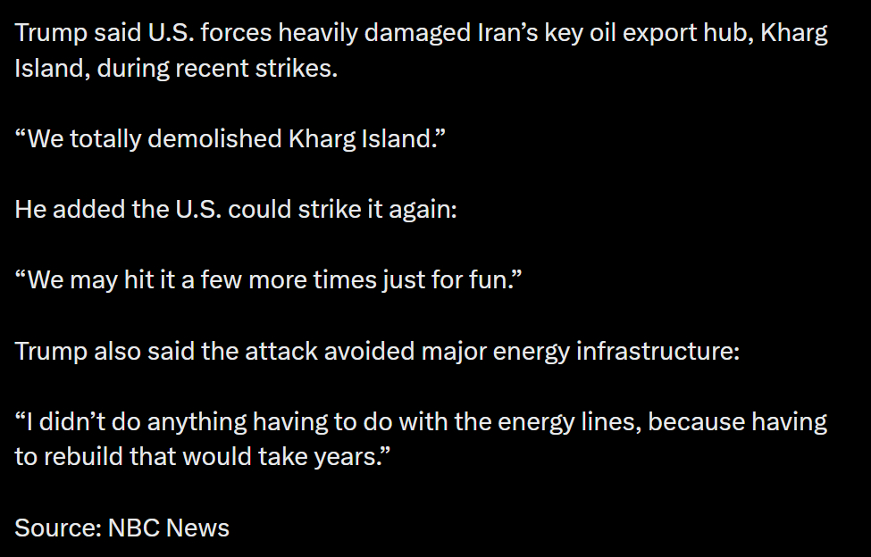 🔻特朗普对 NBC 新闻表示，美军在近期打击中严重破坏了伊朗的关键石油出口枢纽