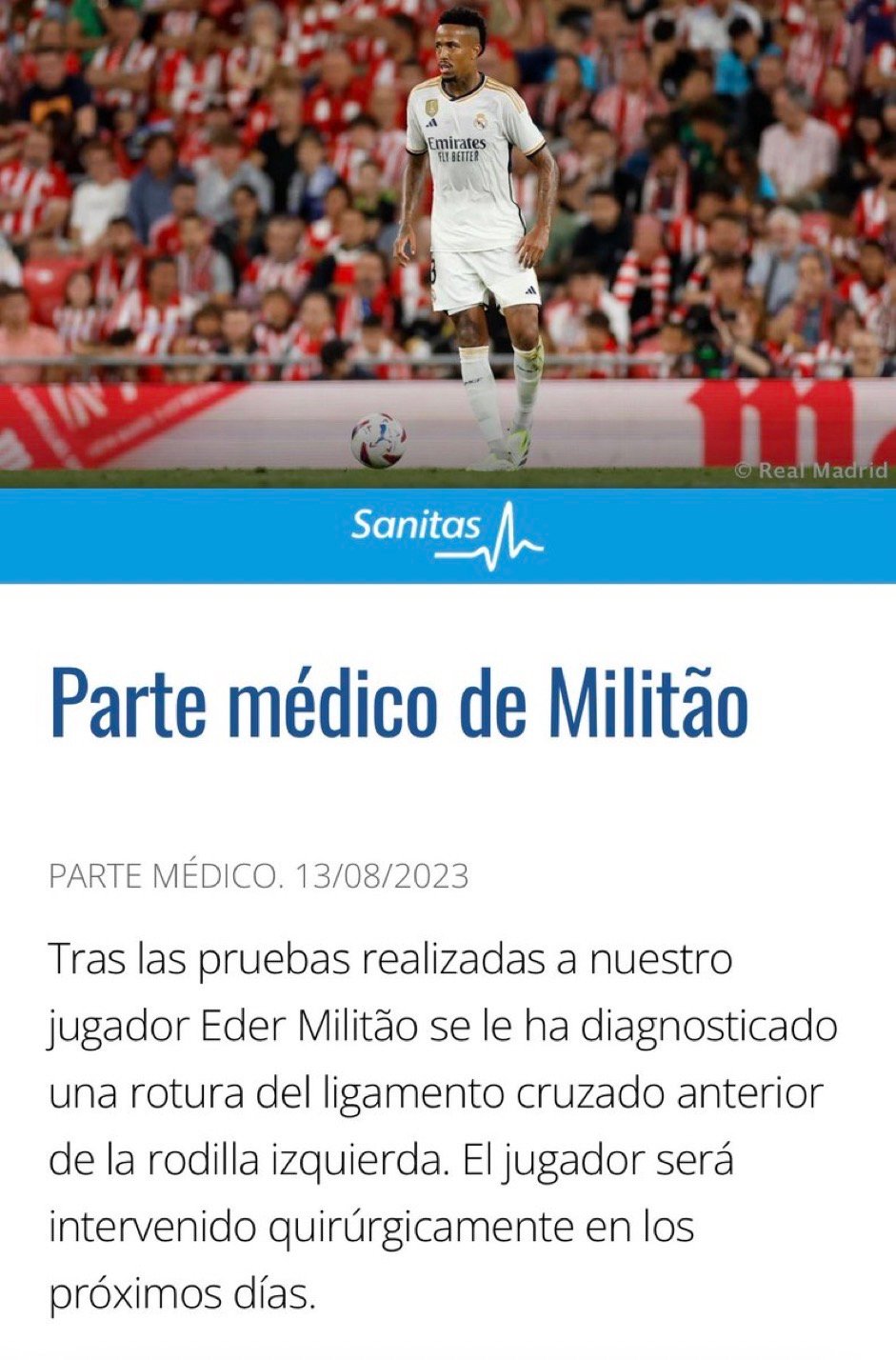 皇马官方：米利唐十字韧带撕裂。未来几天将手术。#halamadrid# ​​​