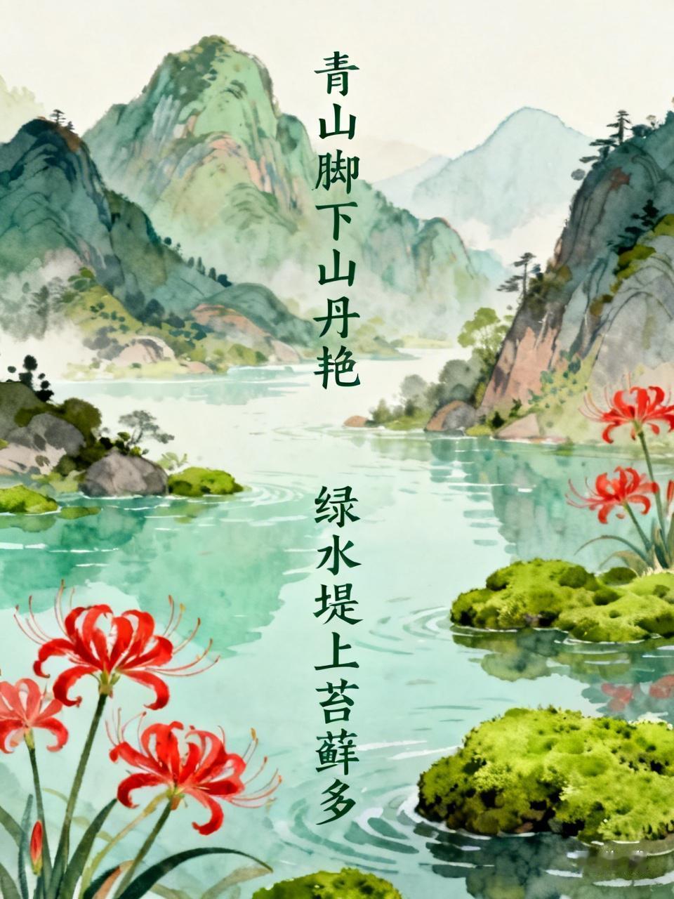 上联：青山脚下山丹艳，如何对下联下联：绿水堤上苔藓多。