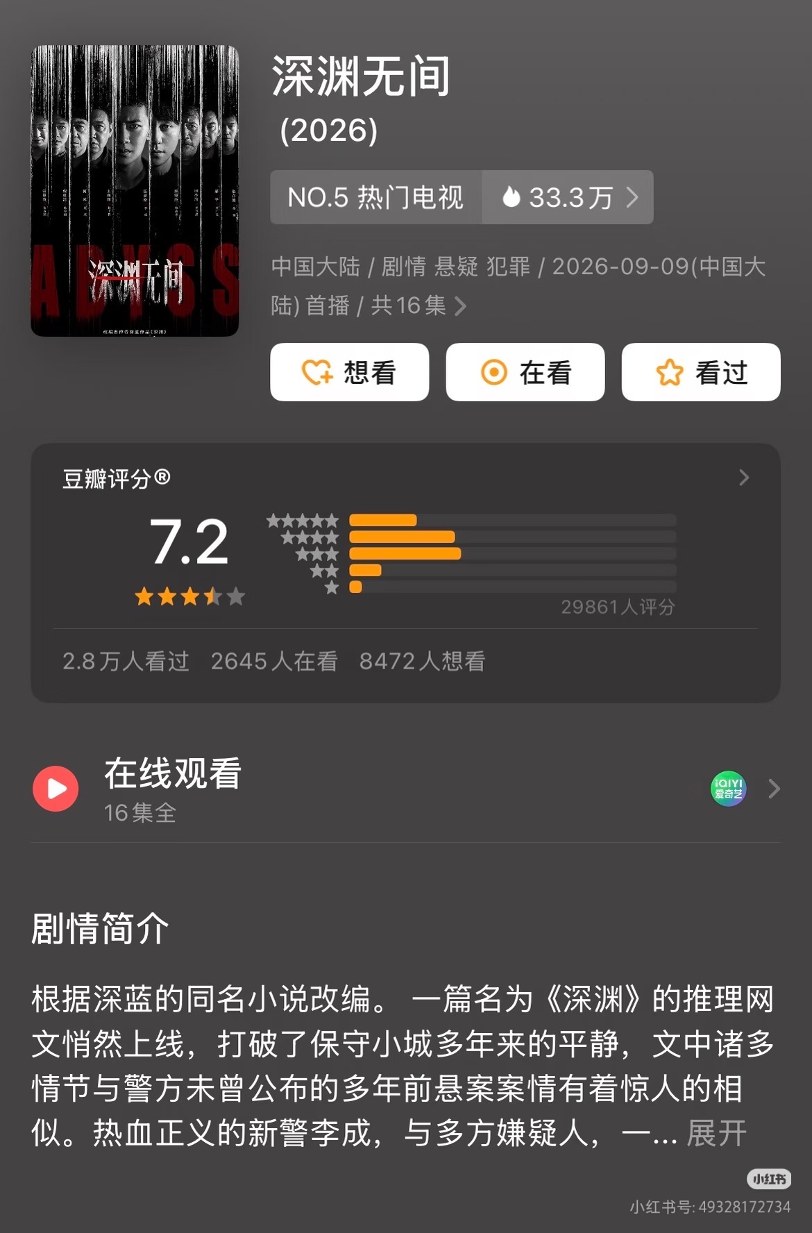 任嘉伦秦俊杰《深渊无间》开分7.2❗️看了嘛❗️ ​​​