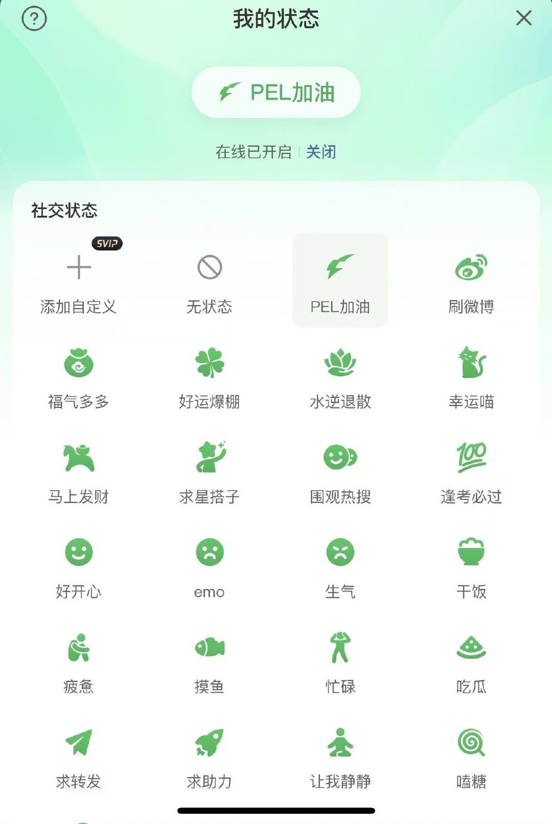 在状态栏里找到“PEL加油”一键开启，算是我们观赛人的一点小仪式感了~绿色图标看
