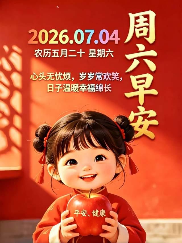 早安，今天是7月4日，星期六，农历五月二十，生活不必太紧绷，情绪不必太沉重。学会