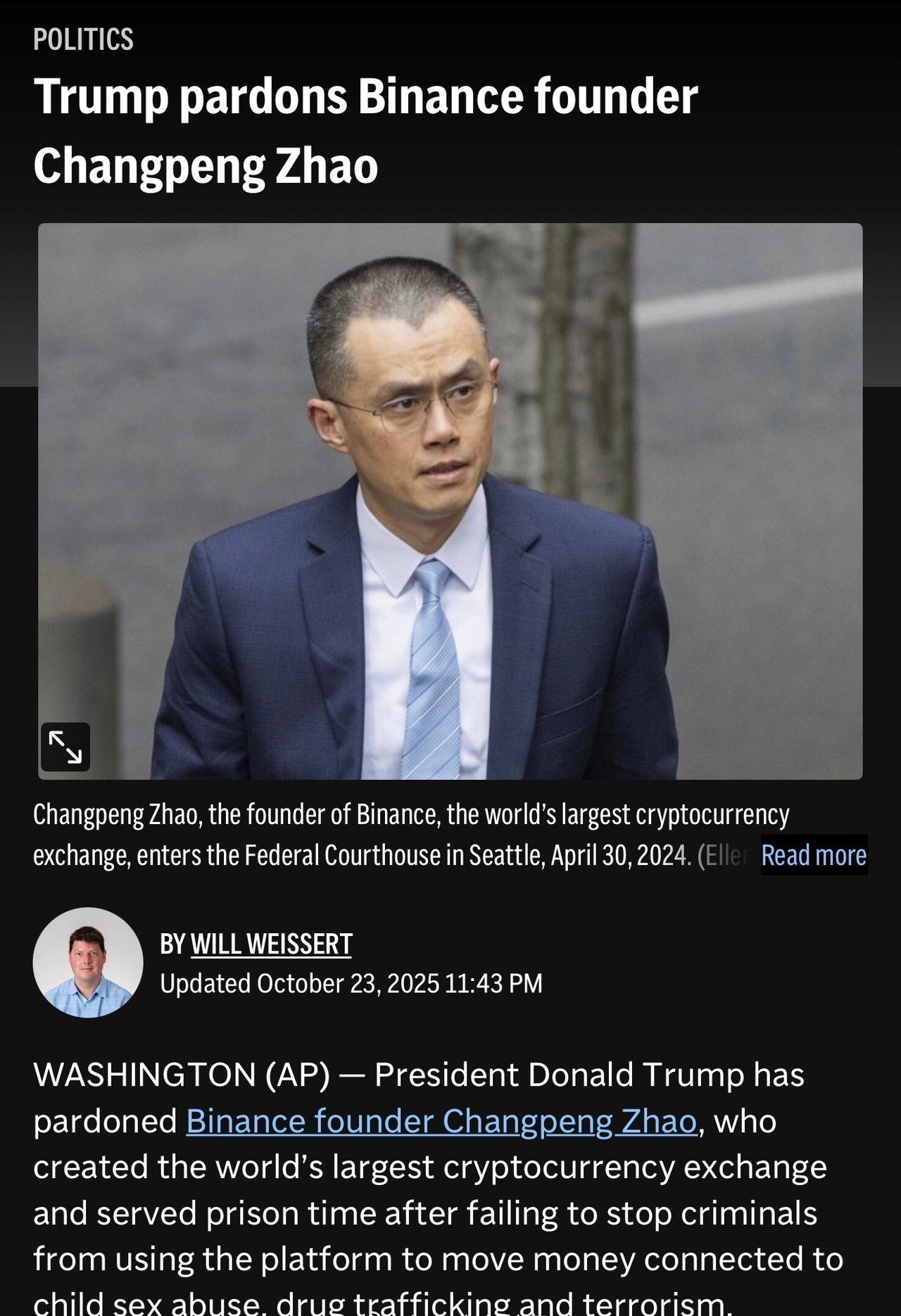 震惊！
特朗普特赦了币安创始人赵长安！
有网友说:肯定两个人私下里达成了什么交易