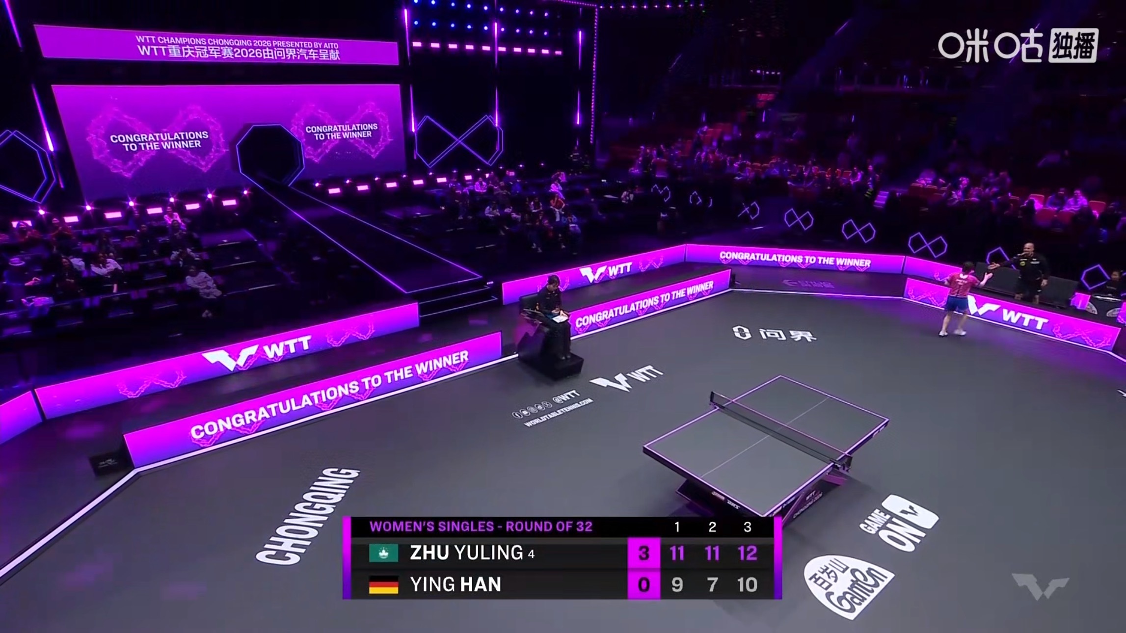 朱雨玲3比0韩莹(11-9，11-7，12-10)晋级wtt重庆冠军赛2026 