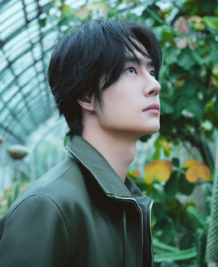 阳光穿过温室的玻璃，落在他微垂的眼睫上。墨绿色皮衣衬得少年轮廓清隽，目光望向远方
