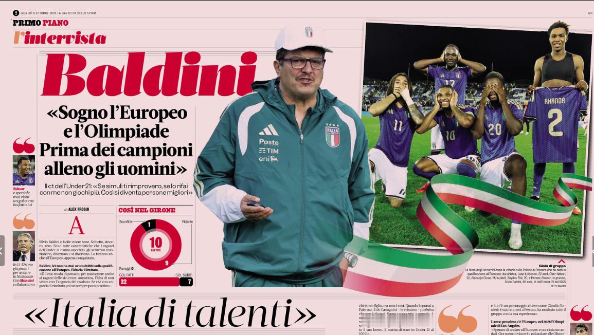 意大利U21主帅巴尔迪尼表示至少11-12名国青球员具备了国家队实力…明年敢不敢