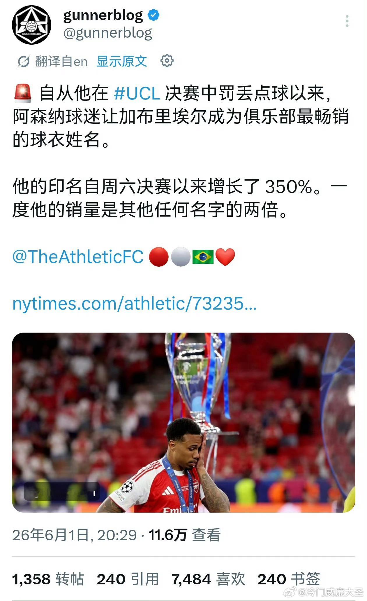 🚨TheAthletic：自加布里埃尔在欧冠决赛打丢点球后，阿森纳球迷们涌向球