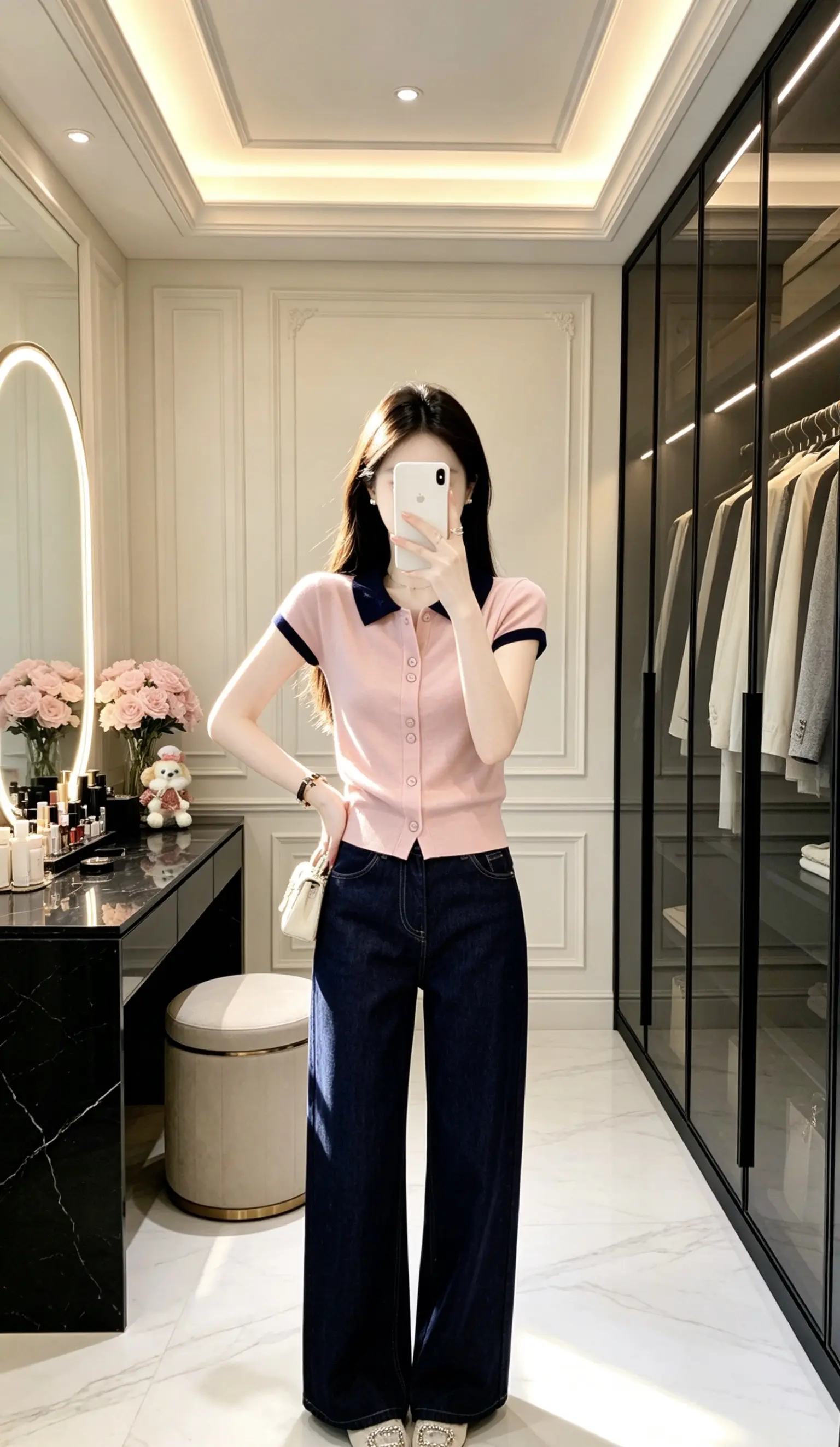 polo针织衫女款短袖 温柔气质短袖 粉色polo领短袖 polo领针...