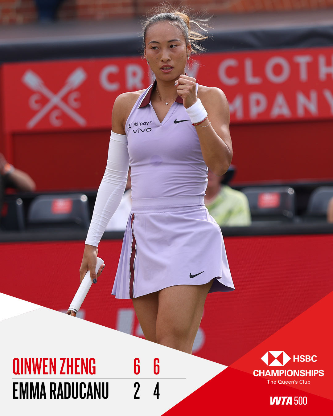 郑钦文首进草地赛四强WTA500伦敦四分之一决赛：郑钦文6-2、6-4击败拉杜卡