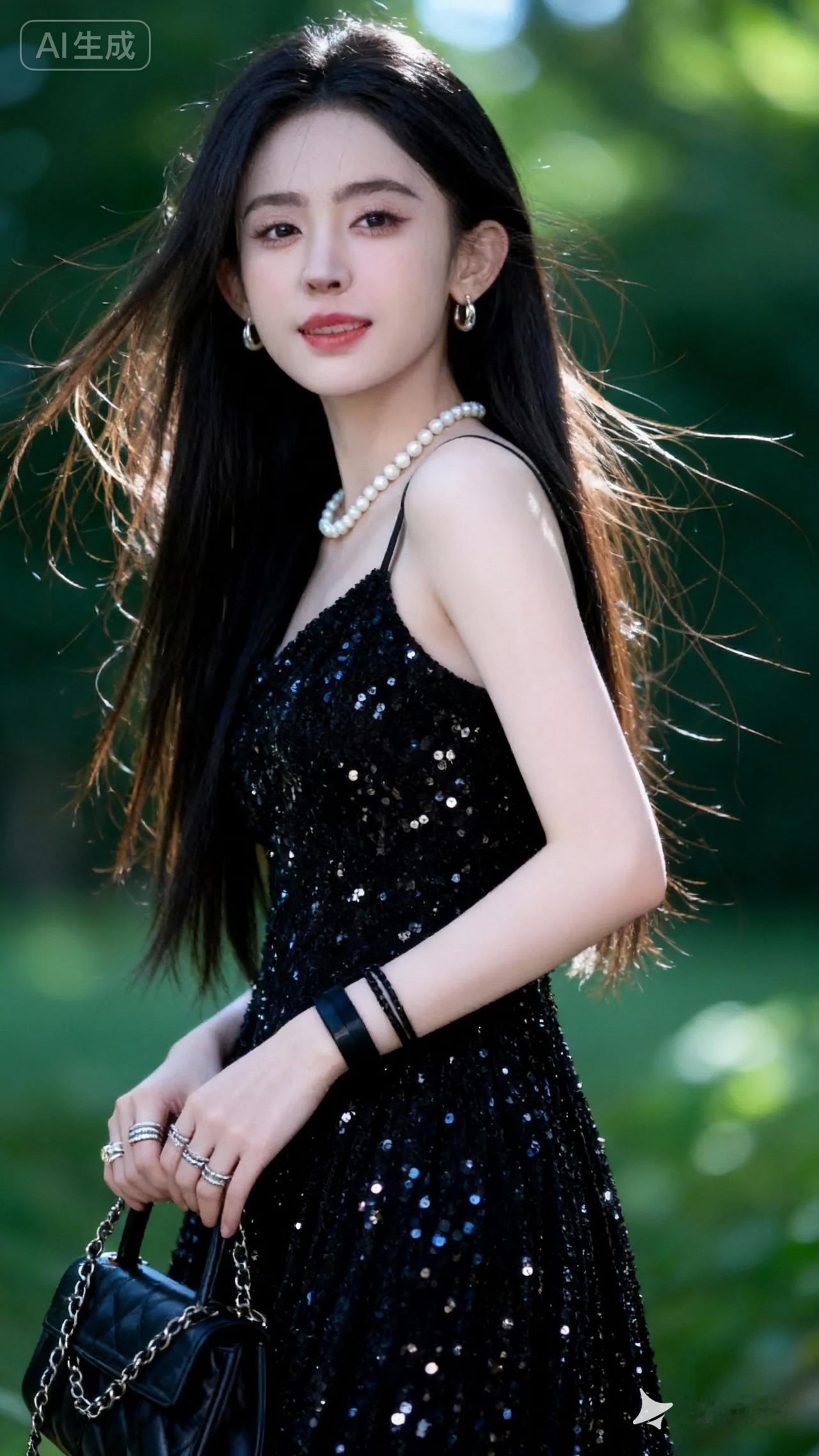 优雅黑裙，闪耀珍珠，绿意盎然背景下的时尚少女