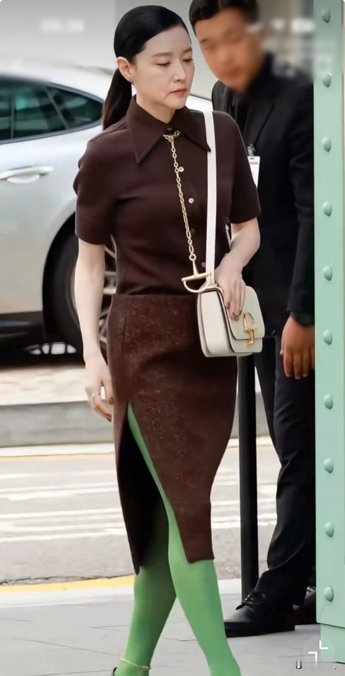 大长今李英爱参加活动，低马尾搭配棕色连衣裙，本来很优雅很大气的穿搭，竟然穿了一条